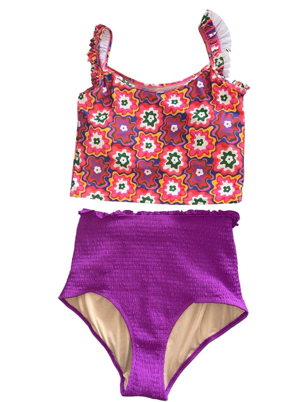 Kortni Jeane Two Piece Swimsuit High Waisted Smocked Colorful